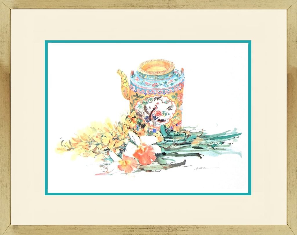 Watercolour Painting wall art of a Yellow Peranakan Cylindrical Teapot with Flowers by Clara Hung Mei Yee